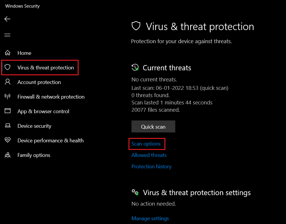 select Virus and threat and click Scan Options