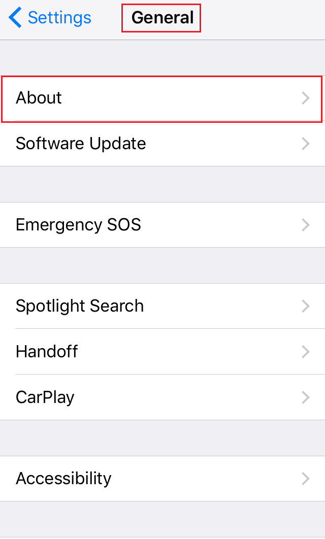 select About option on iPhone General settings. How to Change WiFi Network Name