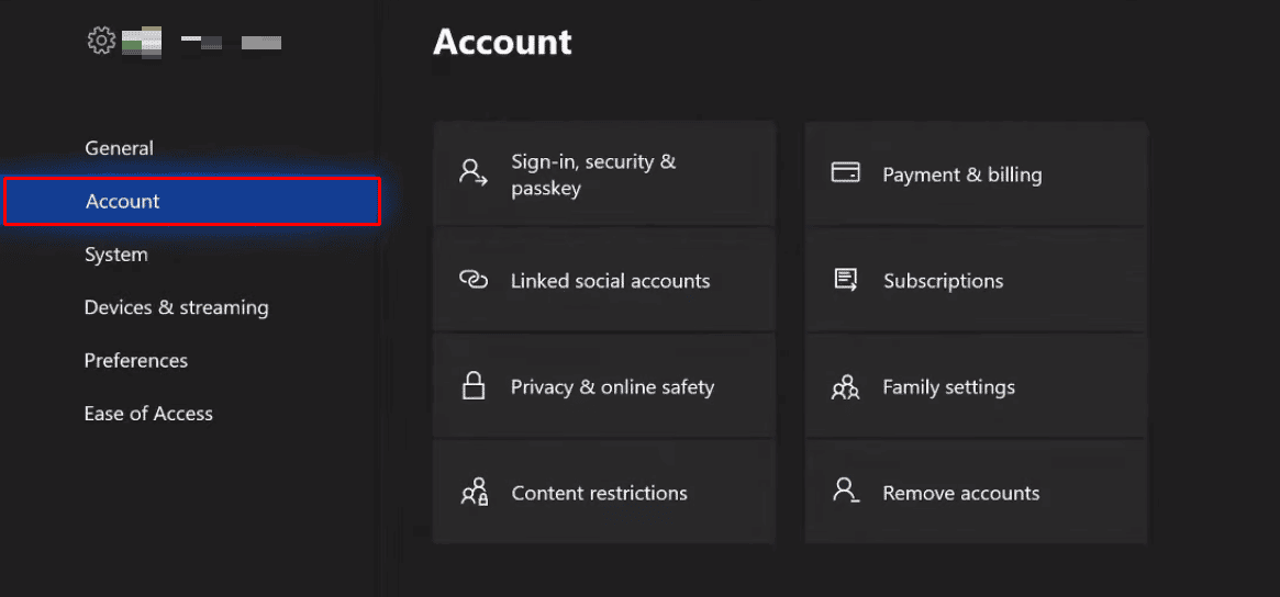 select Account under the Settings menu | How Can You Delete Your Xbox Account