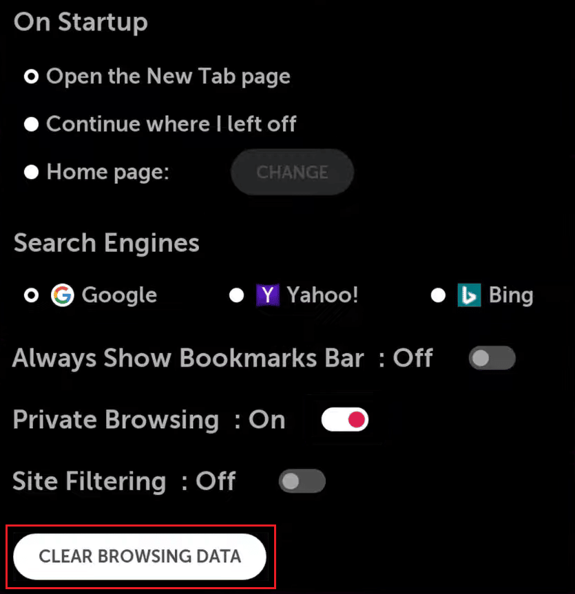 select CLEAR BROWSING DATA