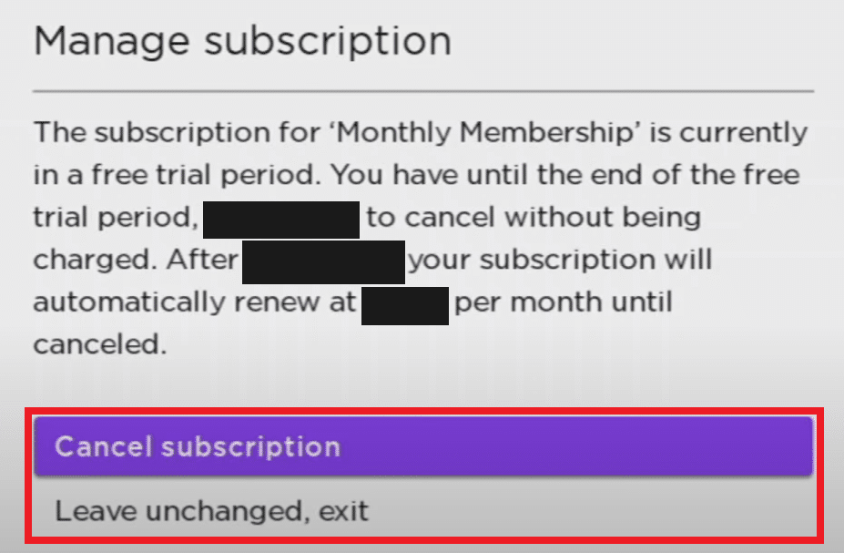 select Cancel subscription or Leave unchanged, exit | How Do You Cancel CBS on Roku