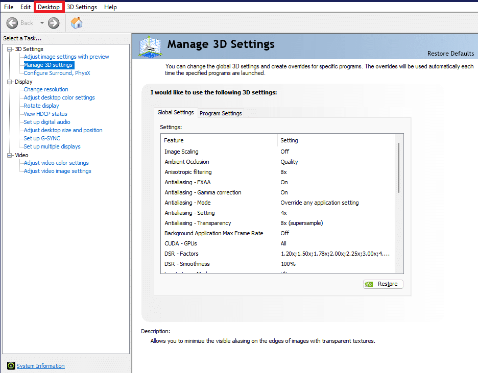 select Desktop option in NVIDIA control panel