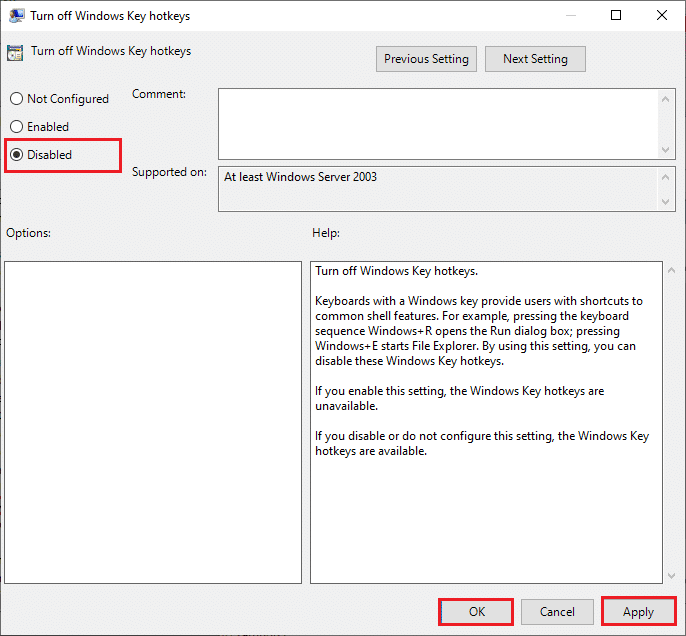 select Disabled option for turn off Windows key hotkeys setting local group policy editor