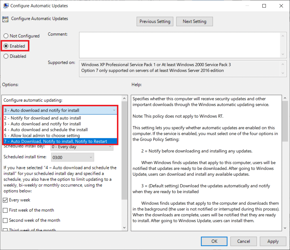 select Enabled first. Next, in the Options section, expand the Configure automatic updating drop-down list and choose your preferred setting.