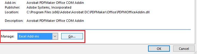 select Excel Add-ins from Manage dropdown and click Go