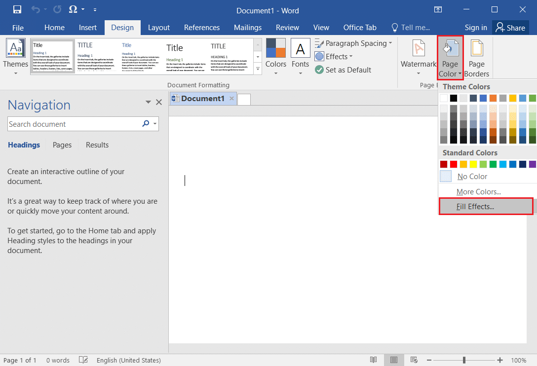 выберите параметр «Эффекты заливки» в раскрывающемся меню «Цвет страницы» в MS Word.