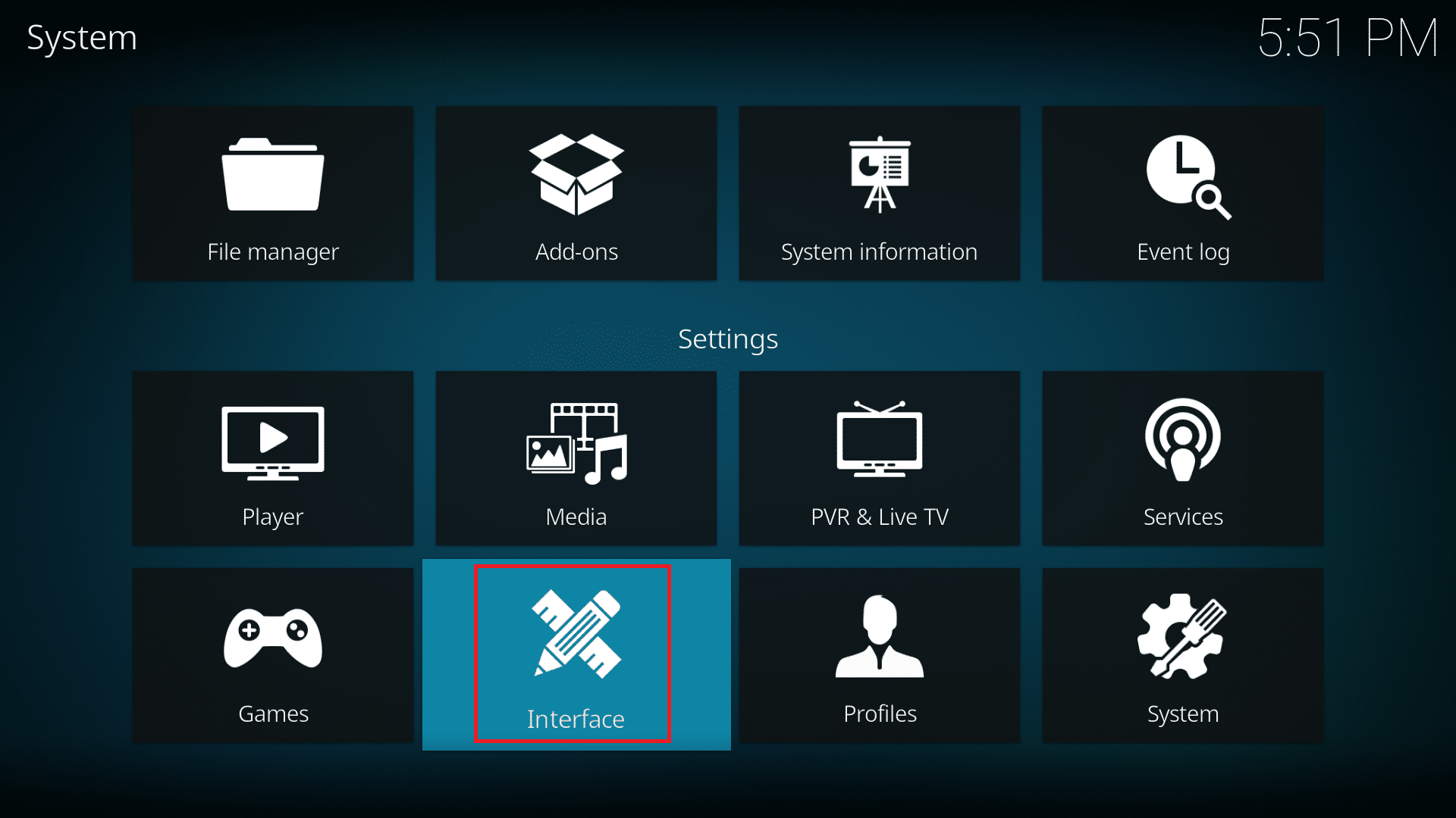 select Interface settings in Kodi app