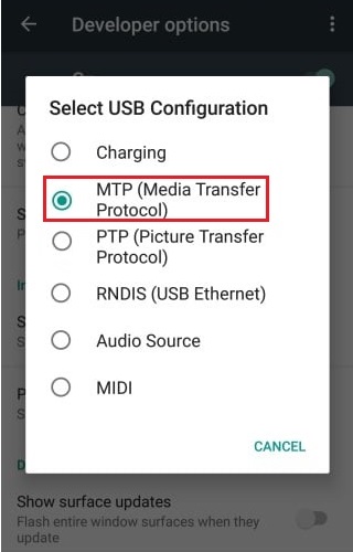 изберете MTP Media Transfer Protocol в устройство с Android