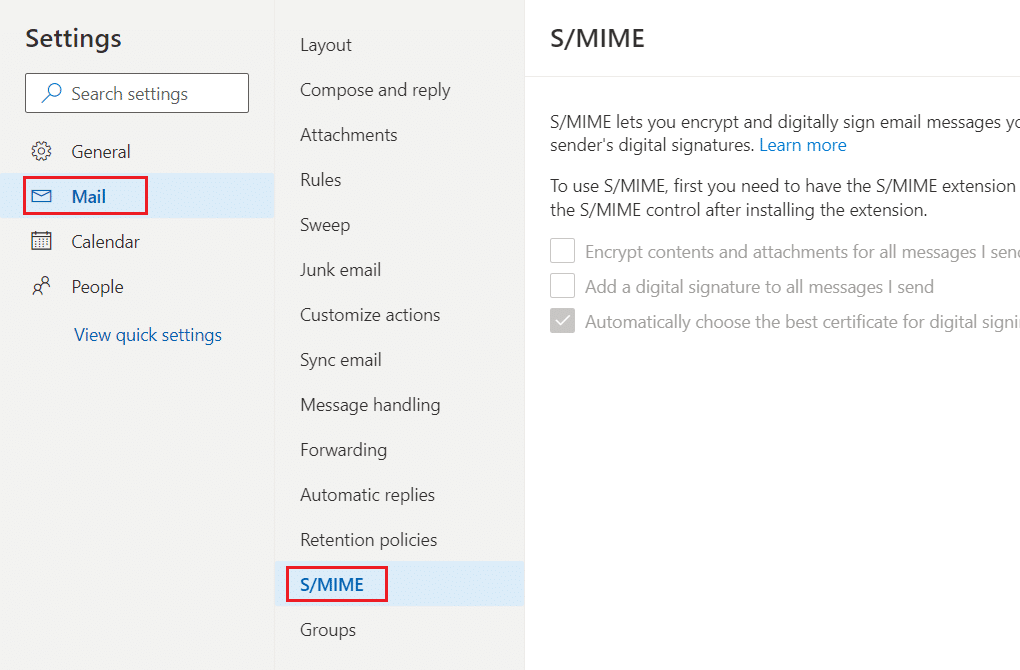 select Mail then click on S MIME option in OWA settings. The content can’t be displayed because the S MIME control isn’t available