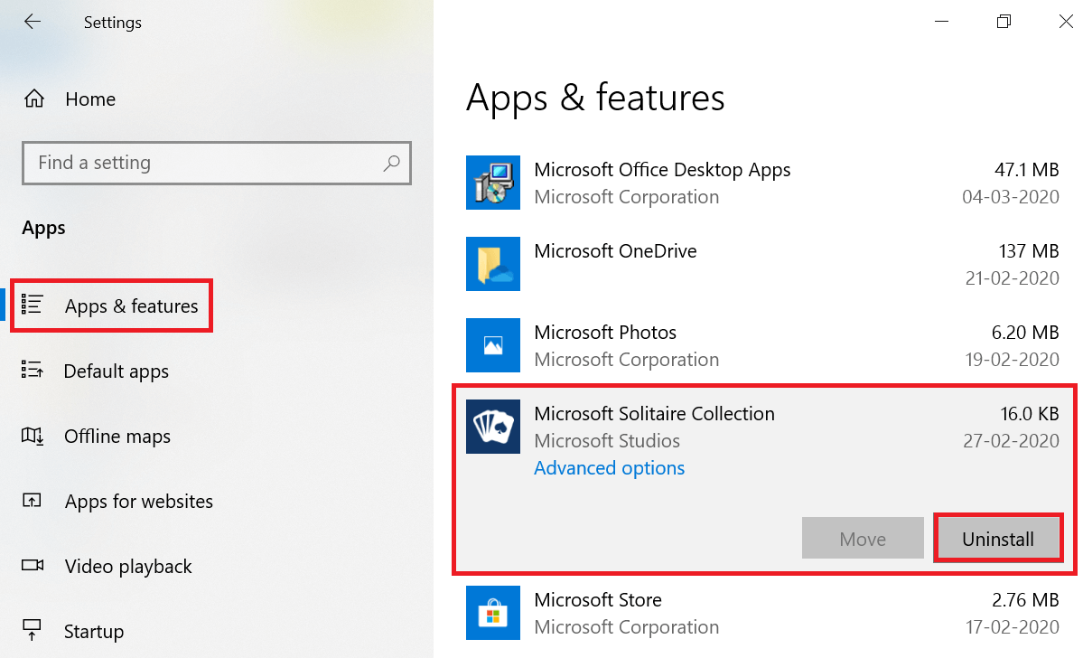 выберите приложение Microsoft Solitaire Collection из списка и нажмите «Удалить».