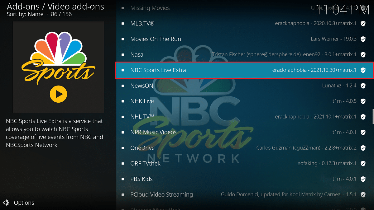 select NBC Sports live add on in kodi
