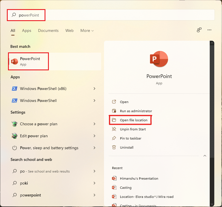 select Open File location option in Windows 11 search menu for Powerpoint app