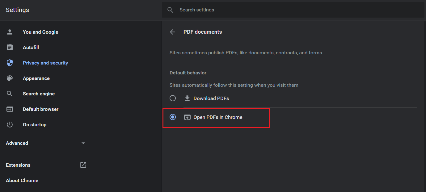 select Open PDFs in chrome option in PDF documents section google chrome