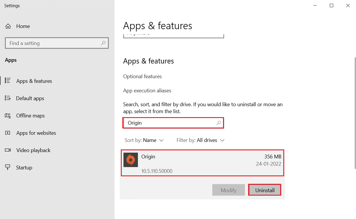 Origin را در تنظیمات Apps and Features انتخاب کنید و بر روی Uninstall کلیک کنید