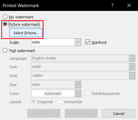 select Picture Watermark in MS Word