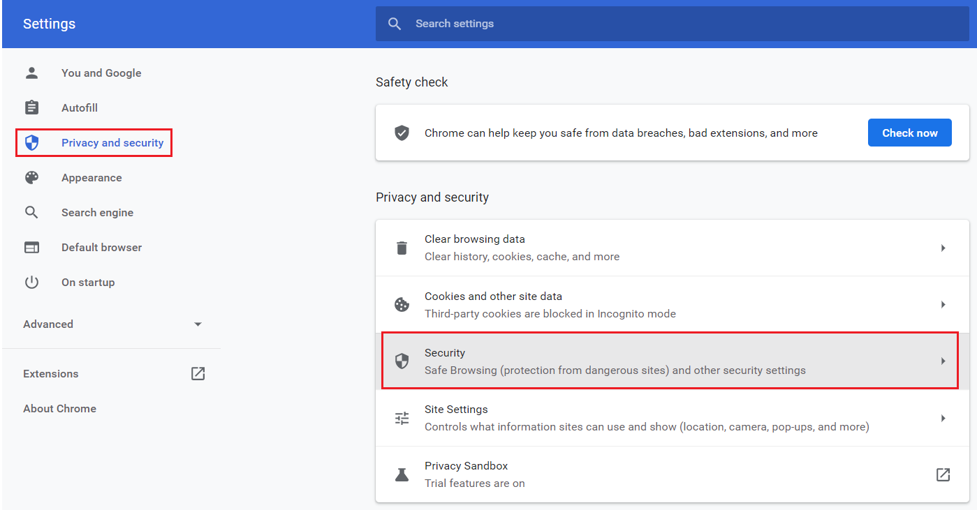 выберите «Конфиденциальность и безопасность» и нажмите «Безопасность» в настройках Chrome.