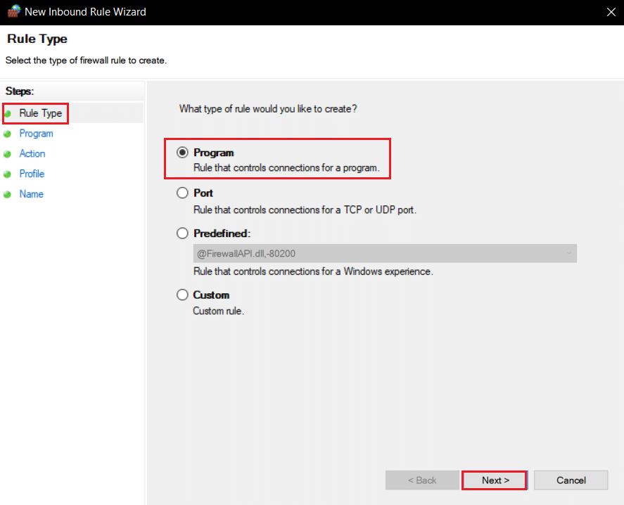 select Program option and click on Next in New inbound rule wizard. Fix Minecraft Failed to Authenticate Your Connection in Windows 10
