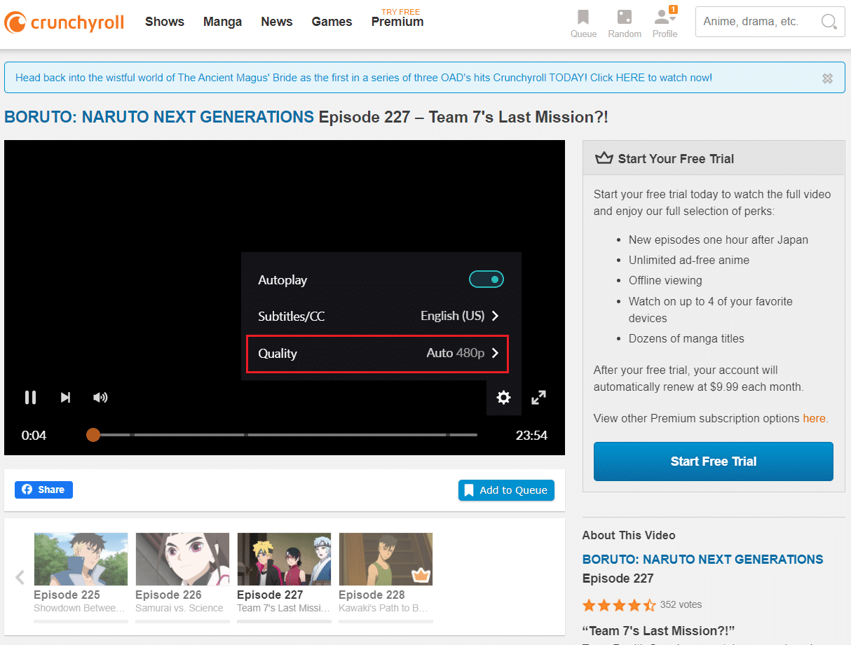 select Quality in the Video Settings of Crunchyroll webpage