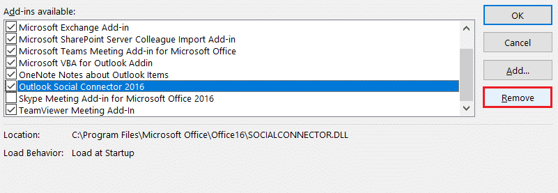select Remove in COM Add ins to delete add ins in Outlook options. Fix Outlook Stuck at Loading Profile on Windows 10