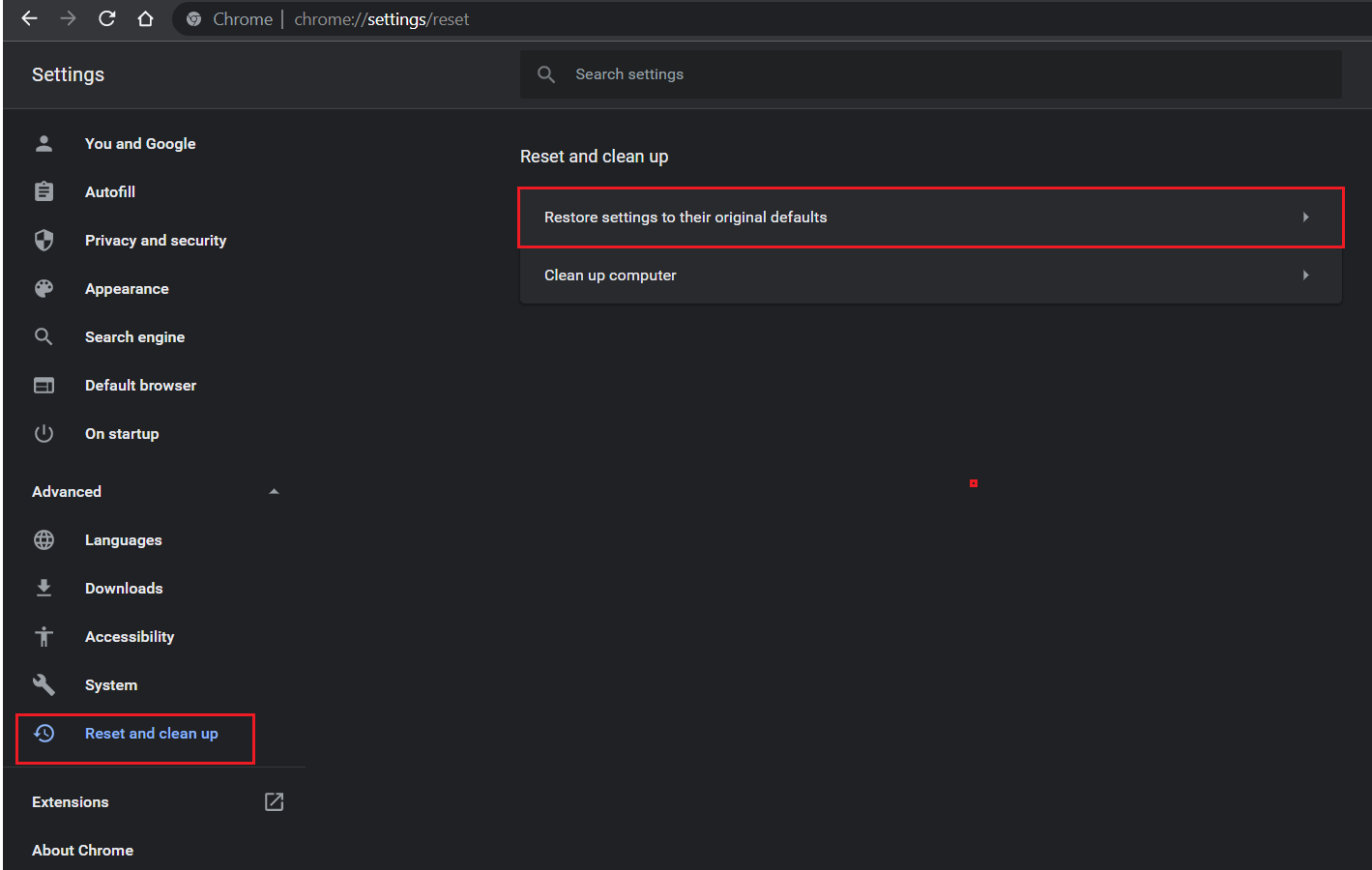 select Reset and clean up and click on Restore settings to their original defaults in Chrome Settings. How to Remove Bing from Chrome