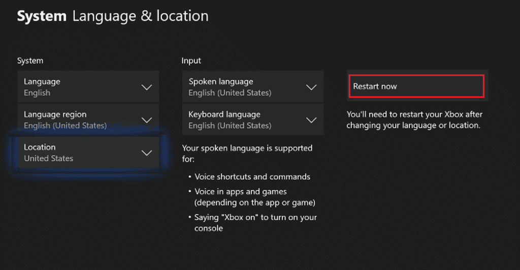select Restart Now in Xbox system langyage and location