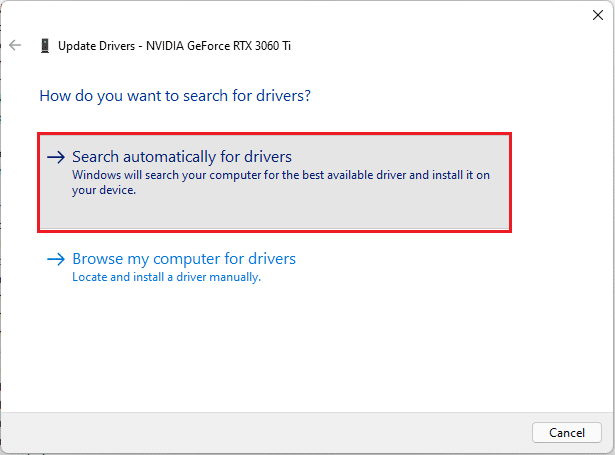 select Search automatically for drivers to update Nvidia geforce driver Windows 11