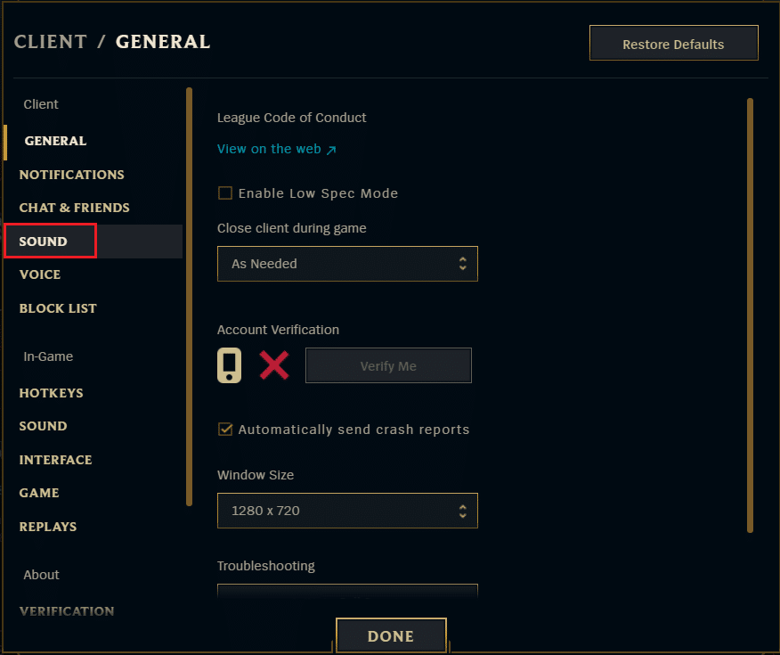 select Sound setting in League of legends