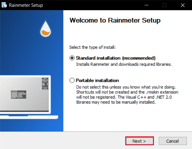 select Standard installation and Click on Next in Rainmeter Setup