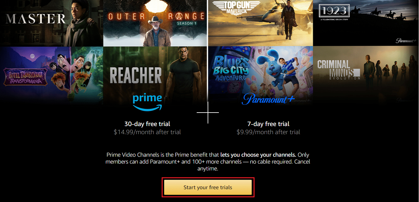vyberte možnosť Spustiť bezplatné skúšobné verzie v Paramount plus Amazon Prime video
