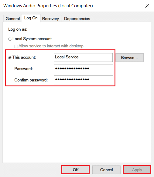 select This account and type Local service and fill up the password fields in Log On tab of Windows Audio Properties