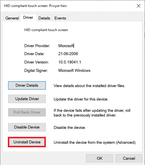 select Uninstall device in the Driver tab of HID compliant touch screen properties