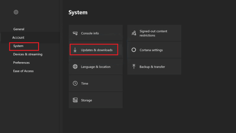 select Updates and Downloads in Xbox System Setting