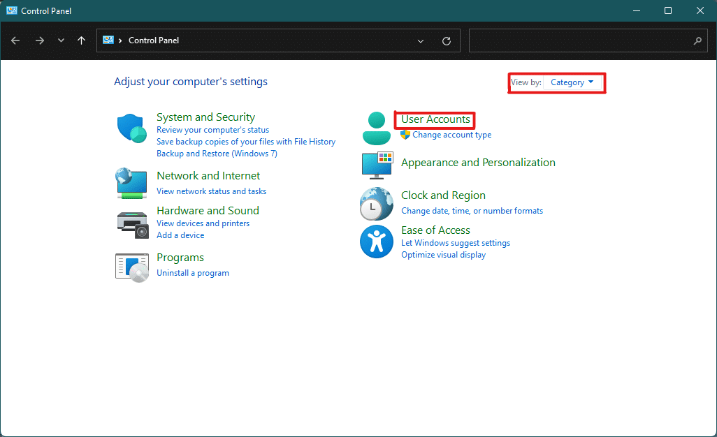 select User Accounts settings in the Control Panel Windows 11