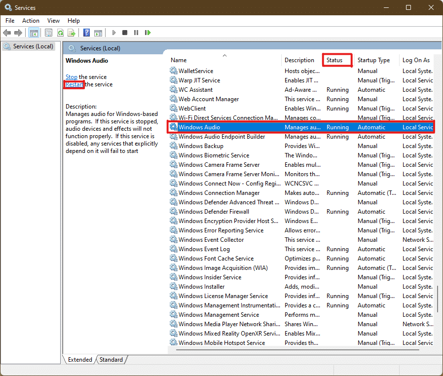 select Windows audio service and click on Restart option in Windows 11 services window