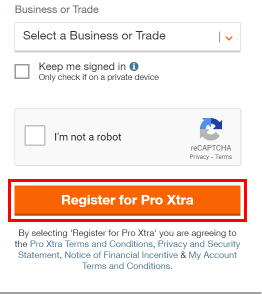 Select a Business or Trade, Check all the boxes, and click on the Register for Pro Xtra button to create a Pro Xtra account.