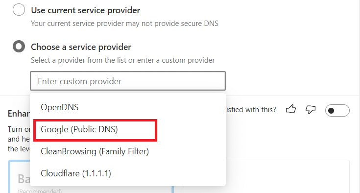 Select a provider from the drop-menu list