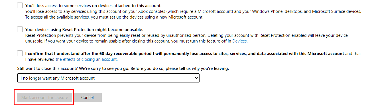 Выберите причину, по которой вы хотите закрыть свою учетную запись Microsoft, а затем нажмите «Отметить учетную запись для закрытия».