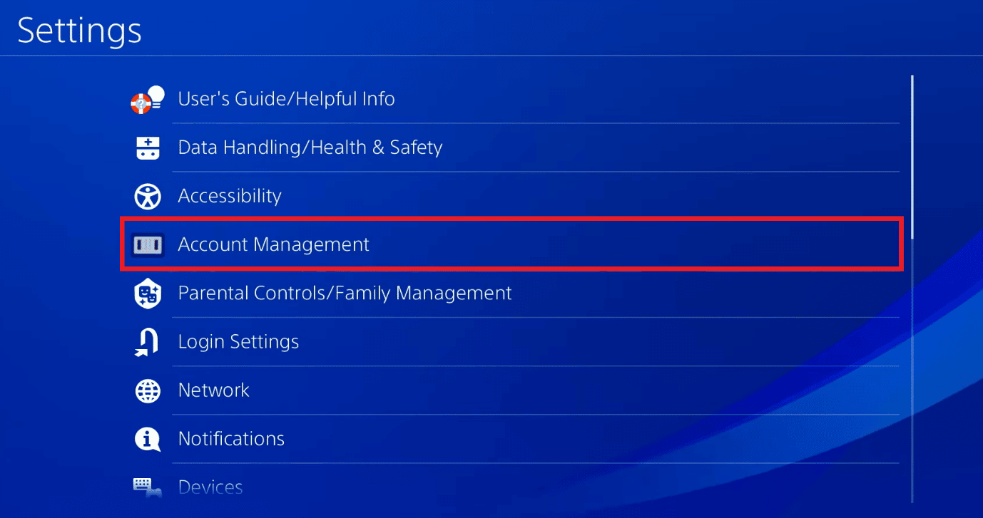 Select Account Management. Fix PS4 Error CE 42555 1 Issue