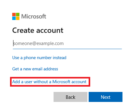 Select add a user without Microsoft account