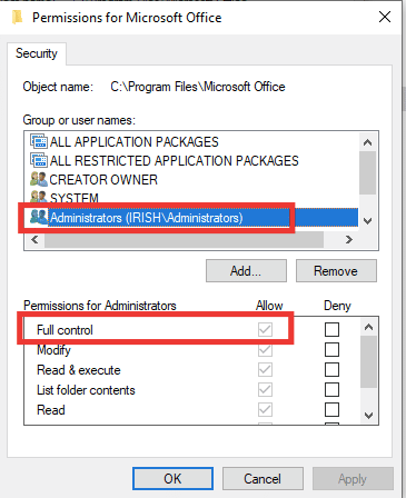 Select Administrators again and click on the checkbox of Full control