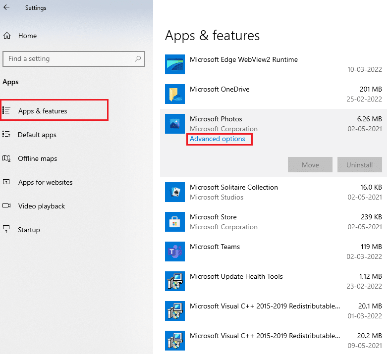 Выберите «Дополнительные параметры» в приложениях и функциях Microsoft Photos.