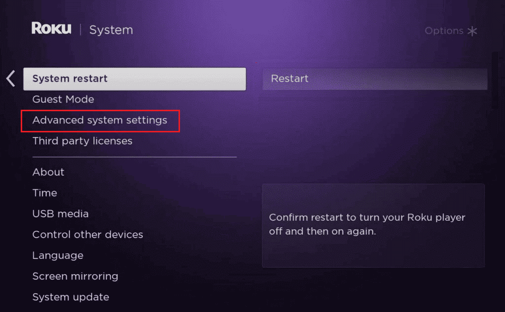 select advanced system settings on roku system setting