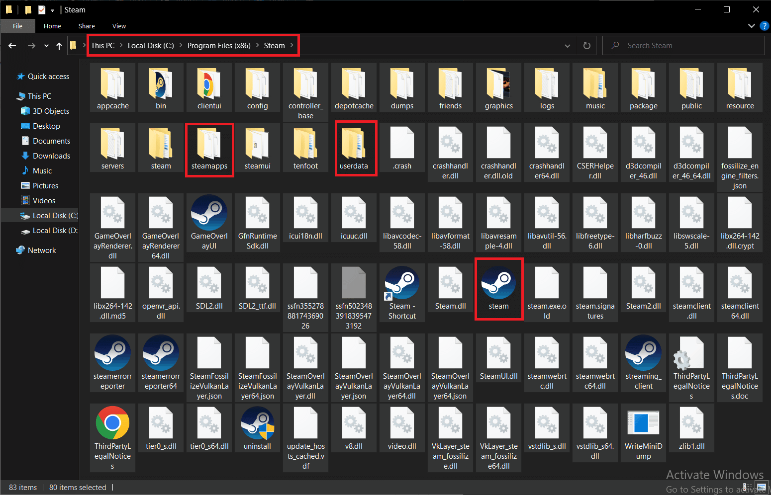 Select all the items except the steamapps folder userdata folder and steam.exe file