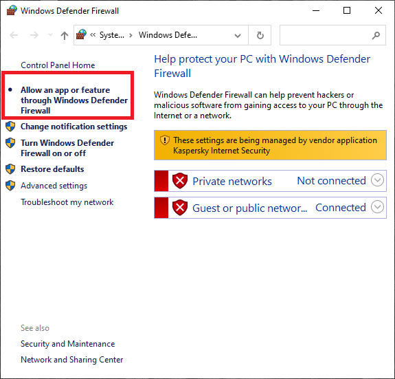 Выберите «Разрешить приложение или функцию» с помощью параметра «Брандмауэр Защитника Windows» слева.