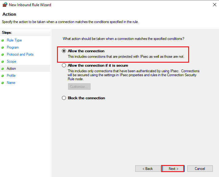 Select Allow the connection and click on Next | How to Add Windows Firewall Rule