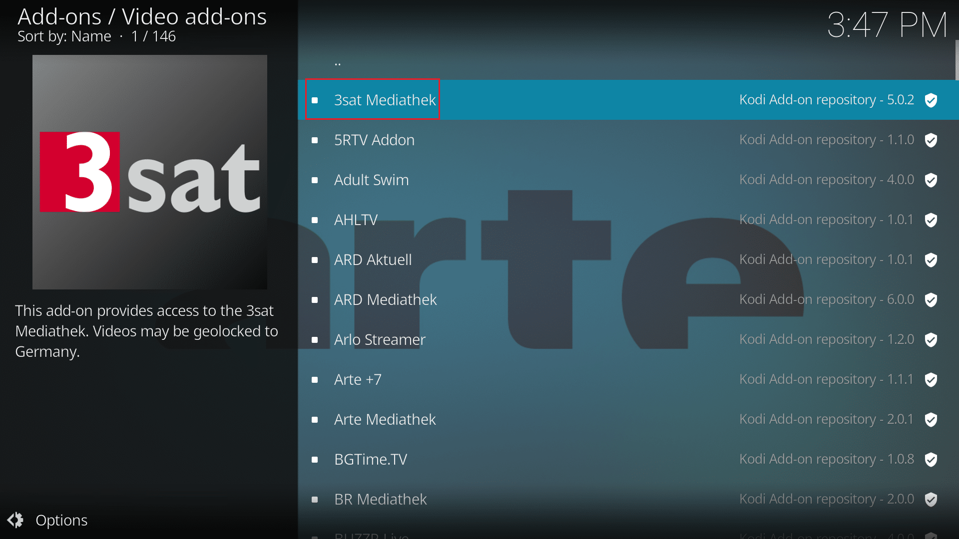 select an add on in kodi app