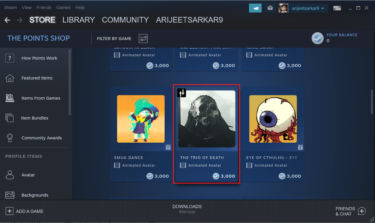 select an animated avatar in avatar points shop menu on the Steam app