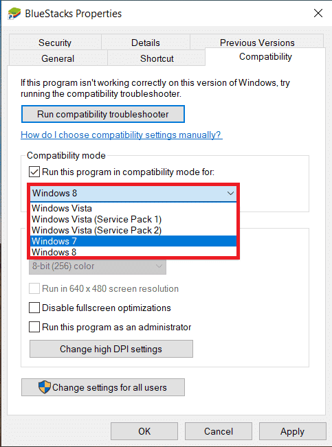Выберите подходящую версию Windows для запуска Bluestacks в режиме совместимости и нажмите «Применить», а затем «ОК». Исправить сообщение об ошибке интерфейса VirtualBox с активными соединениями
