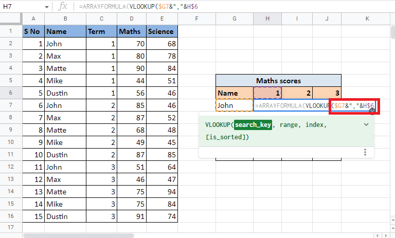 Select and lock the reference cells that are G7 and H6 by pressing the F4 key. Separate them using an ampersand and separator | How to VLOOKUP Multiple Criteria and Columns in Google Sheets