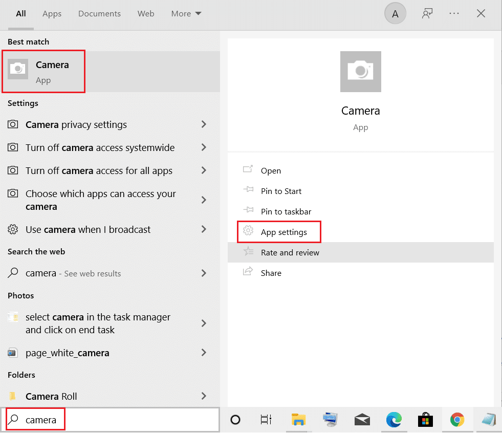 select app settings in the Camera app option in Windows search menu